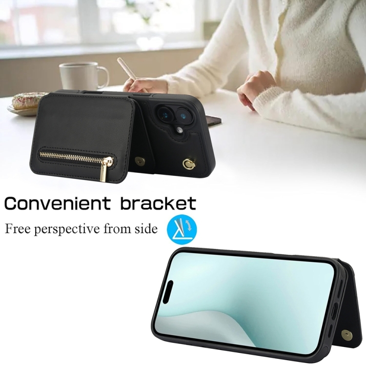 For iPhone 16 Plus YM006 Skin Feel Zipper Card Bag Phone Case with Dual Lanyard(Black) For iPhone 16 Plus YM006 Skin Feel Zipper Card Bag Phone Case with Dual Lanyard(Black)