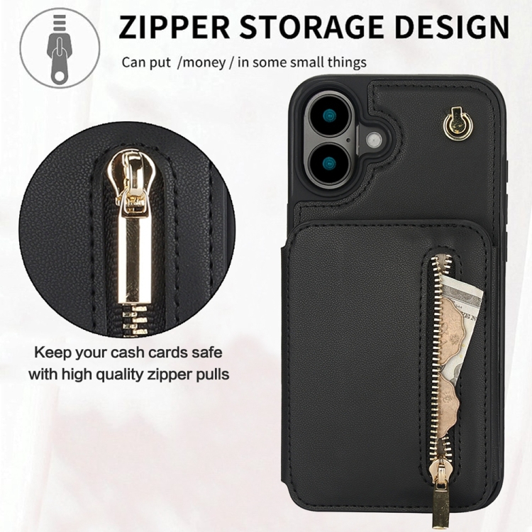 For iPhone 16 Plus YM006 Skin Feel Zipper Card Bag Phone Case with Dual Lanyard(Black) For iPhone 16 Plus YM006 Skin Feel Zipper Card Bag Phone Case with Dual Lanyard(Black)