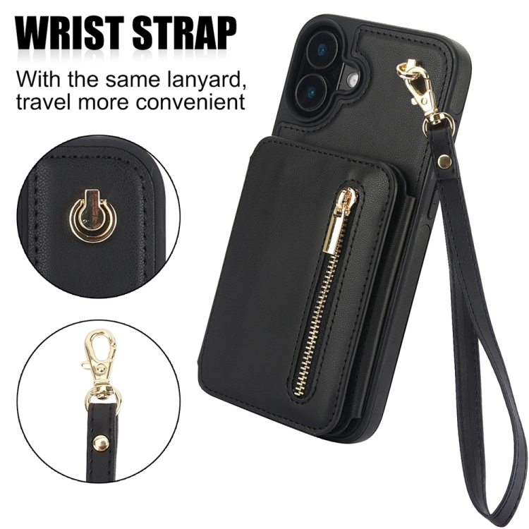 For iPhone 16 Plus YM006 Skin Feel Zipper Card Bag Phone Case with Dual Lanyard(Black) For iPhone 16 Plus YM006 Skin Feel Zipper Card Bag Phone Case with Dual Lanyard(Black)