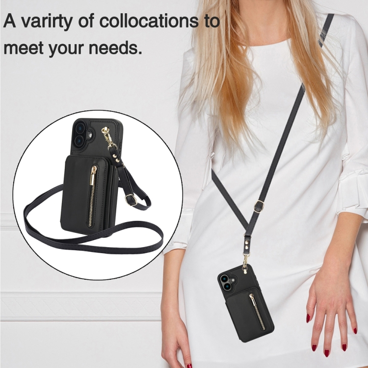 For iPhone 16 Plus YM006 Skin Feel Zipper Card Bag Phone Case with Dual Lanyard(Black) For iPhone 16 Plus YM006 Skin Feel Zipper Card Bag Phone Case with Dual Lanyard(Black)