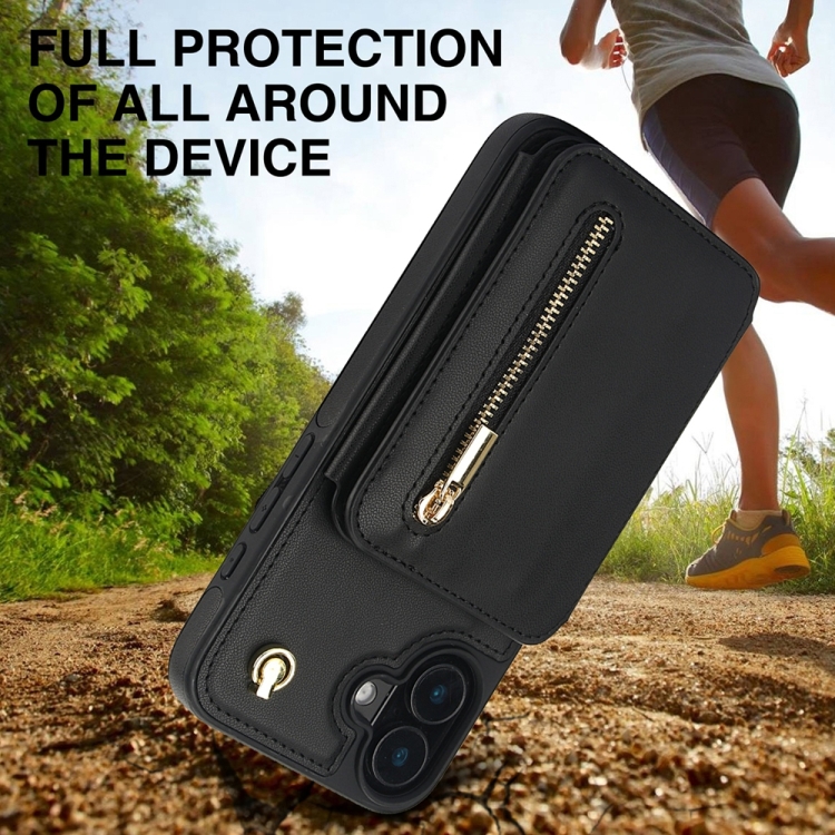 For iPhone 16 Plus YM006 Skin Feel Zipper Card Bag Phone Case with Dual Lanyard(Black) For iPhone 16 Plus YM006 Skin Feel Zipper Card Bag Phone Case with Dual Lanyard(Black)