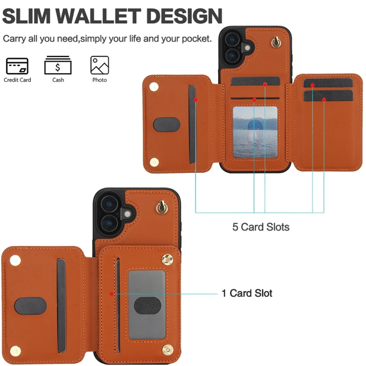 For iPhone 16 YM006 Skin Feel Zipper Card Bag Phone Case with Dual Lanyard(Brown) For iPhone 16 YM006 Skin Feel Zipper Card Bag Phone Case with Dual Lanyard(Brown)