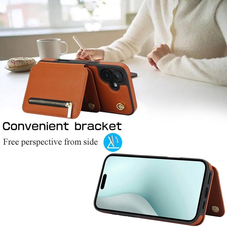 For iPhone 16 YM006 Skin Feel Zipper Card Bag Phone Case with Dual Lanyard(Brown) For iPhone 16 YM006 Skin Feel Zipper Card Bag Phone Case with Dual Lanyard(Brown)