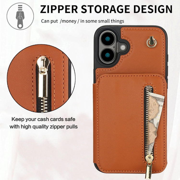 For iPhone 16 YM006 Skin Feel Zipper Card Bag Phone Case with Dual Lanyard(Brown) For iPhone 16 YM006 Skin Feel Zipper Card Bag Phone Case with Dual Lanyard(Brown)
