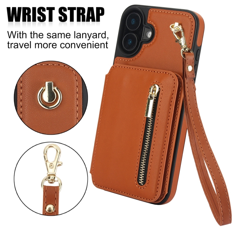 For iPhone 16 YM006 Skin Feel Zipper Card Bag Phone Case with Dual Lanyard(Brown) For iPhone 16 YM006 Skin Feel Zipper Card Bag Phone Case with Dual Lanyard(Brown)