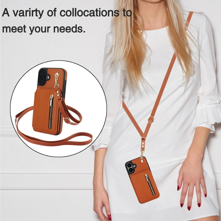 For iPhone 16 YM006 Skin Feel Zipper Card Bag Phone Case with Dual Lanyard(Brown) For iPhone 16 YM006 Skin Feel Zipper Card Bag Phone Case with Dual Lanyard(Brown)