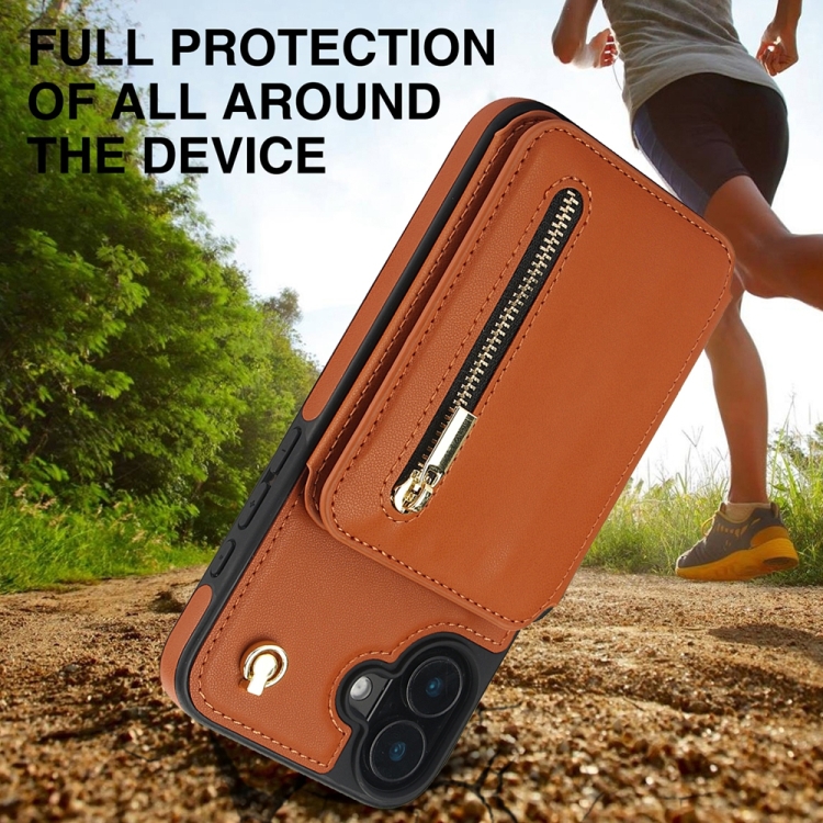 For iPhone 16 YM006 Skin Feel Zipper Card Bag Phone Case with Dual Lanyard(Brown) For iPhone 16 YM006 Skin Feel Zipper Card Bag Phone Case with Dual Lanyard(Brown)
