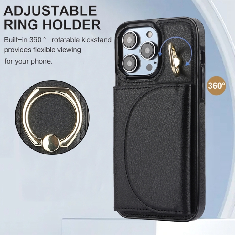 For iPhone 15 Pro Max YM007 Ring Holder Card Bag Skin Feel Phone Case(Black) - 1