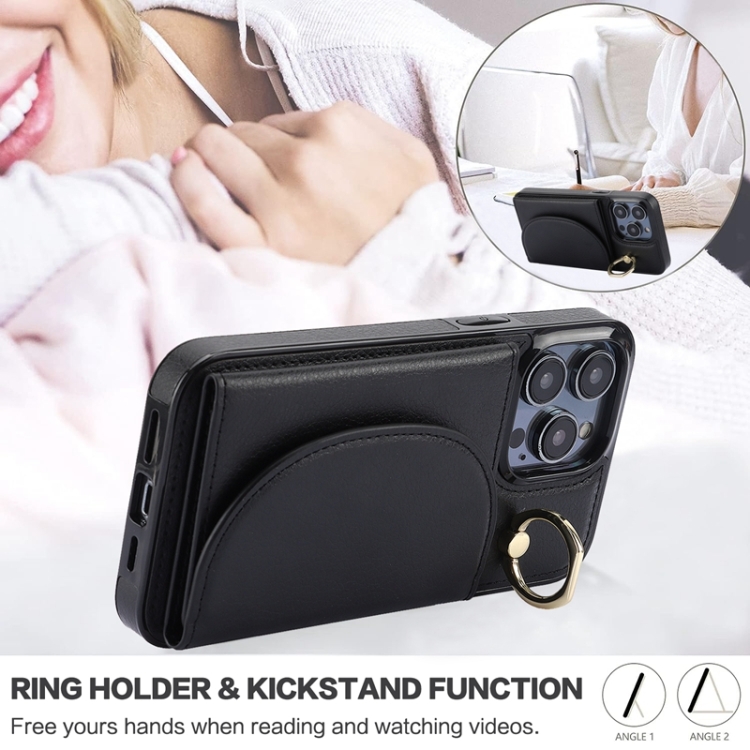 For iPhone 15 Pro Max YM007 Ring Holder Card Bag Skin Feel Phone Case(Black) - 4