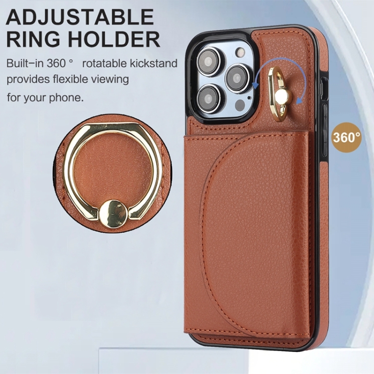 For iPhone 15 YM007 Ring Holder Card Bag Skin Feel Phone Case(Brown) For iPhone 15 YM007 Ring Holder Card Bag Skin Feel Phone Case(Brown)