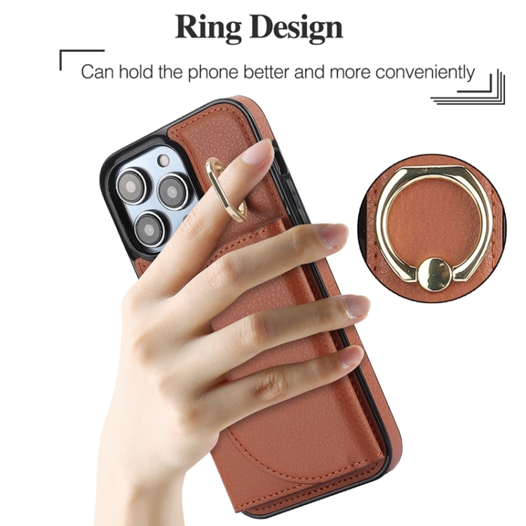 For iPhone 15 YM007 Ring Holder Card Bag Skin Feel Phone Case(Brown) For iPhone 15 YM007 Ring Holder Card Bag Skin Feel Phone Case(Brown)