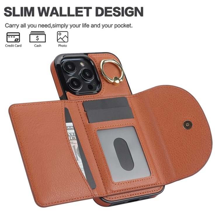 For iPhone 15 YM007 Ring Holder Card Bag Skin Feel Phone Case(Brown) For iPhone 15 YM007 Ring Holder Card Bag Skin Feel Phone Case(Brown)
