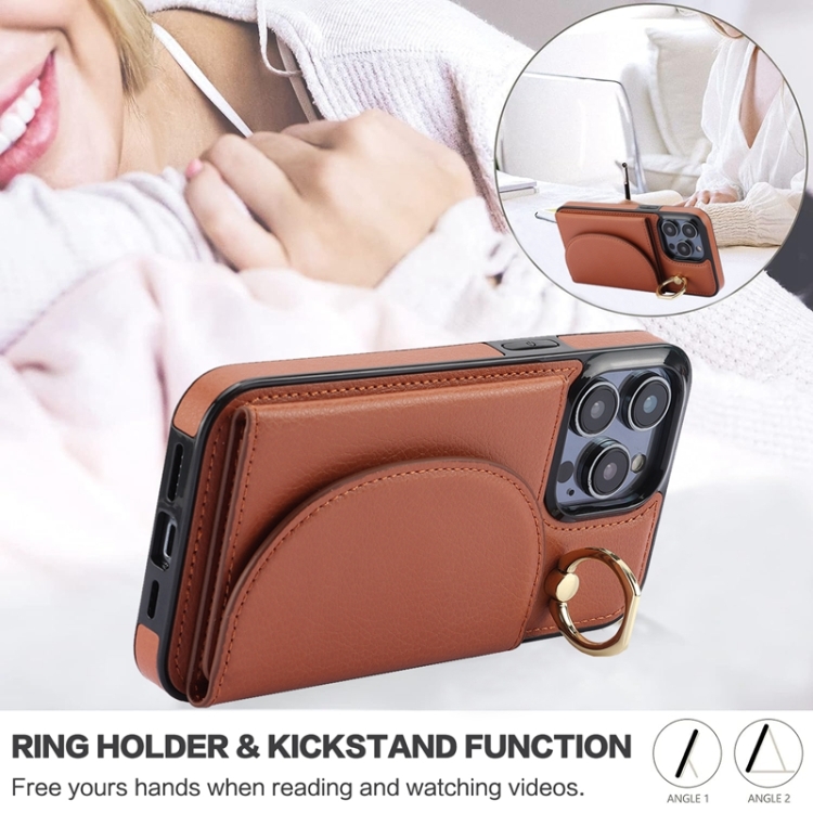 For iPhone 15 YM007 Ring Holder Card Bag Skin Feel Phone Case(Brown) For iPhone 15 YM007 Ring Holder Card Bag Skin Feel Phone Case(Brown)