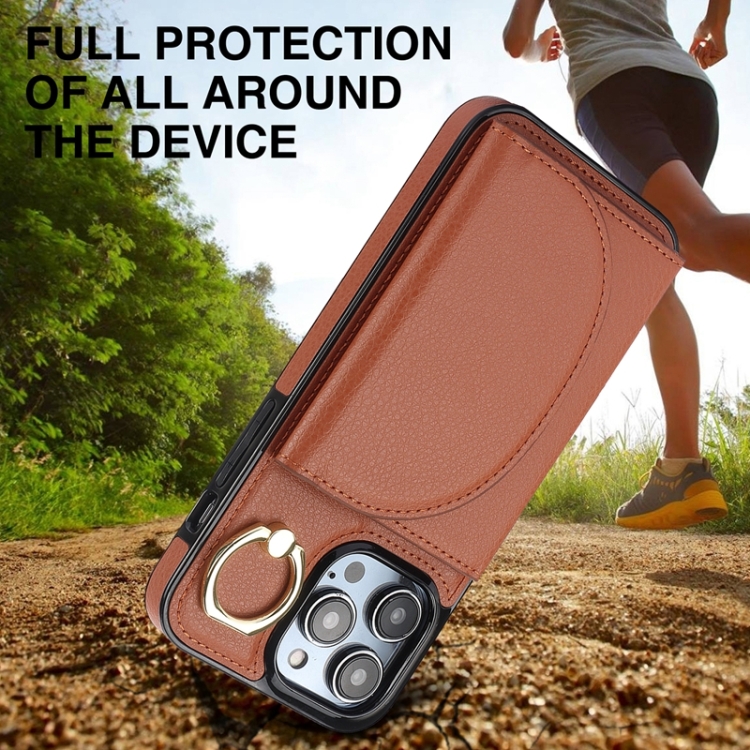 For iPhone 15 YM007 Ring Holder Card Bag Skin Feel Phone Case(Brown) For iPhone 15 YM007 Ring Holder Card Bag Skin Feel Phone Case(Brown)