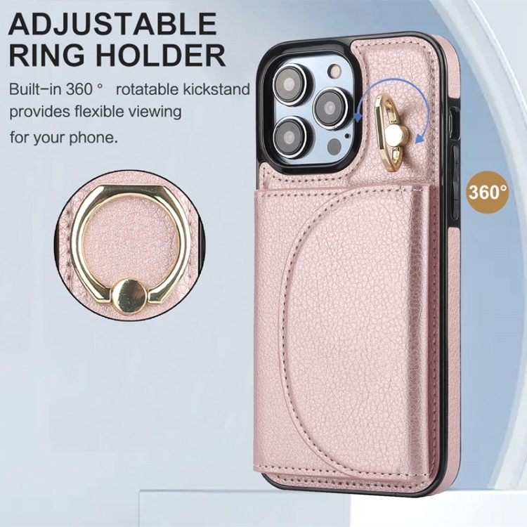 For iPhone 14 YM007 Ring Holder Card Bag Skin Feel Phone Case(Rose Gold) For iPhone 14 YM007 Ring Holder Card Bag Skin Feel Phone Case(Rose Gold)