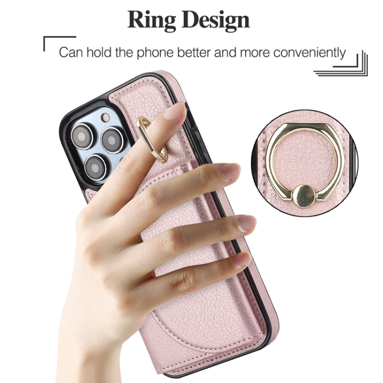 For iPhone 14 YM007 Ring Holder Card Bag Skin Feel Phone Case(Rose Gold) For iPhone 14 YM007 Ring Holder Card Bag Skin Feel Phone Case(Rose Gold)