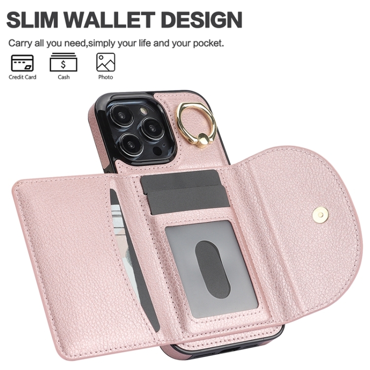 For iPhone 14 YM007 Ring Holder Card Bag Skin Feel Phone Case(Rose Gold) For iPhone 14 YM007 Ring Holder Card Bag Skin Feel Phone Case(Rose Gold)