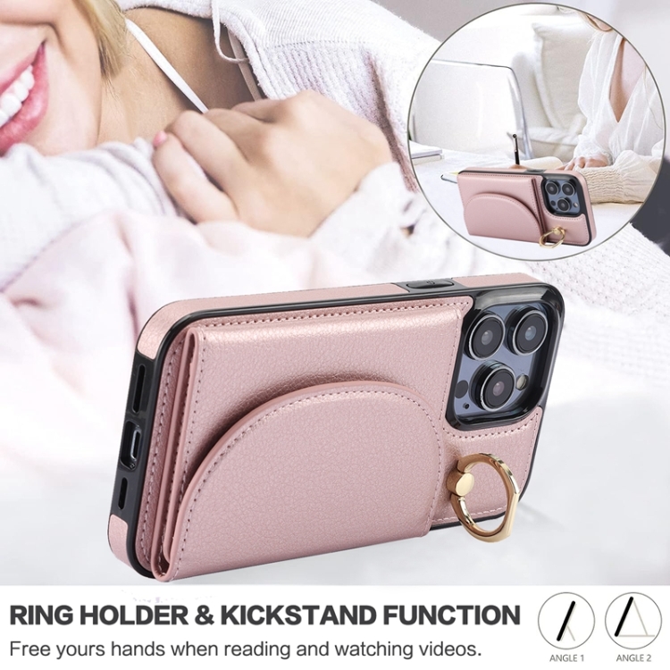 For iPhone 14 YM007 Ring Holder Card Bag Skin Feel Phone Case(Rose Gold) For iPhone 14 YM007 Ring Holder Card Bag Skin Feel Phone Case(Rose Gold)
