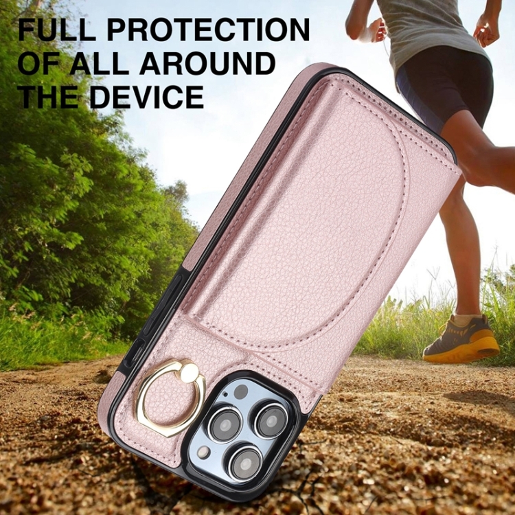 For iPhone 14 YM007 Ring Holder Card Bag Skin Feel Phone Case(Rose Gold) For iPhone 14 YM007 Ring Holder Card Bag Skin Feel Phone Case(Rose Gold)