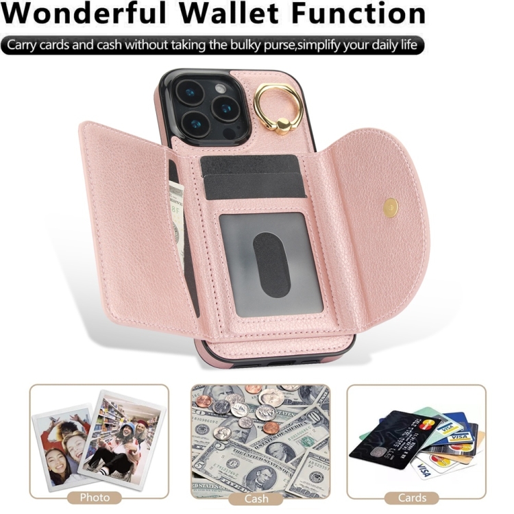 For iPhone 16 Pro YM007 Ring Holder Card Bag Skin Feel Phone Case(Rose Gold) For iPhone 16 Pro YM007 Ring Holder Card Bag Skin Feel Phone Case(Rose Gold)