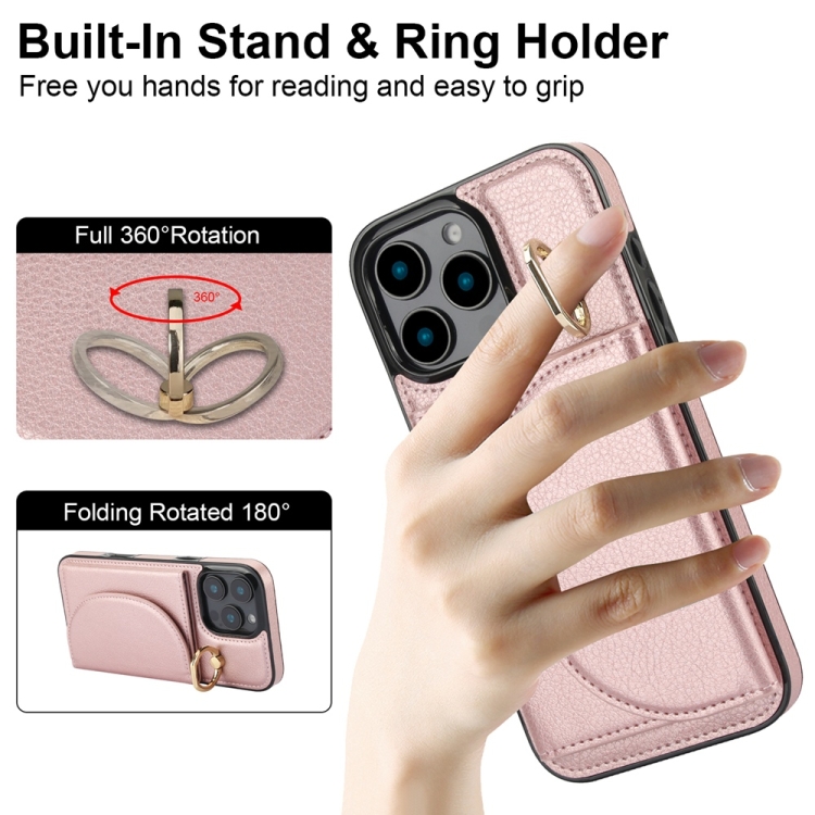 For iPhone 16 Pro YM007 Ring Holder Card Bag Skin Feel Phone Case(Rose Gold) For iPhone 16 Pro YM007 Ring Holder Card Bag Skin Feel Phone Case(Rose Gold)