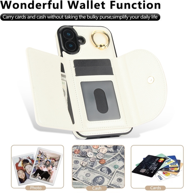 For iPhone 16 Plus YM007 Ring Holder Card Bag Skin Feel Phone Case(White) For iPhone 16 Plus YM007 Ring Holder Card Bag Skin Feel Phone Case(White)