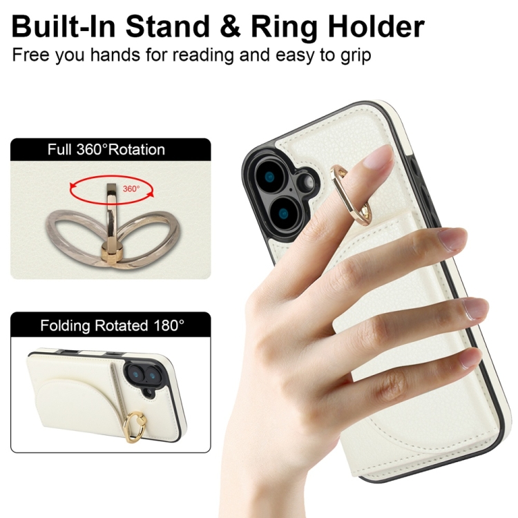 For iPhone 16 Plus YM007 Ring Holder Card Bag Skin Feel Phone Case(White) For iPhone 16 Plus YM007 Ring Holder Card Bag Skin Feel Phone Case(White)
