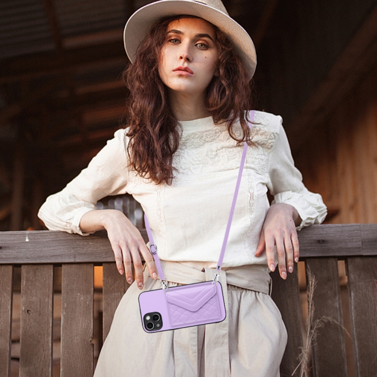 For iPhone 14 Rhombic Texture Card Bag RFID Phone Case with Long Lanyard(Light Purple) - 1