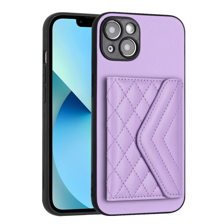 For iPhone 14 Rhombic Texture Card Bag RFID Phone Case with Long Lanyard(Light Purple) - 2