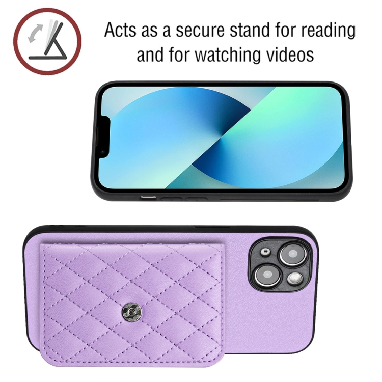 For iPhone 14 Rhombic Texture Card Bag RFID Phone Case with Long Lanyard(Light Purple) - 3