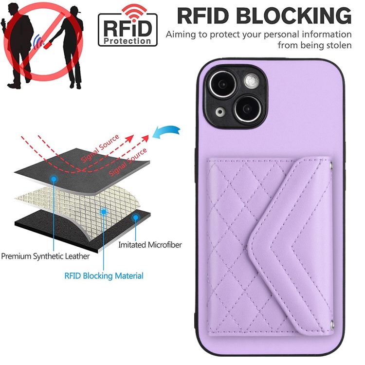 For iPhone 14 Rhombic Texture Card Bag RFID Phone Case with Long Lanyard(Light Purple) - 4