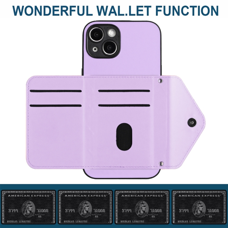 For iPhone 14 Rhombic Texture Card Bag RFID Phone Case with Long Lanyard(Light Purple) - 5