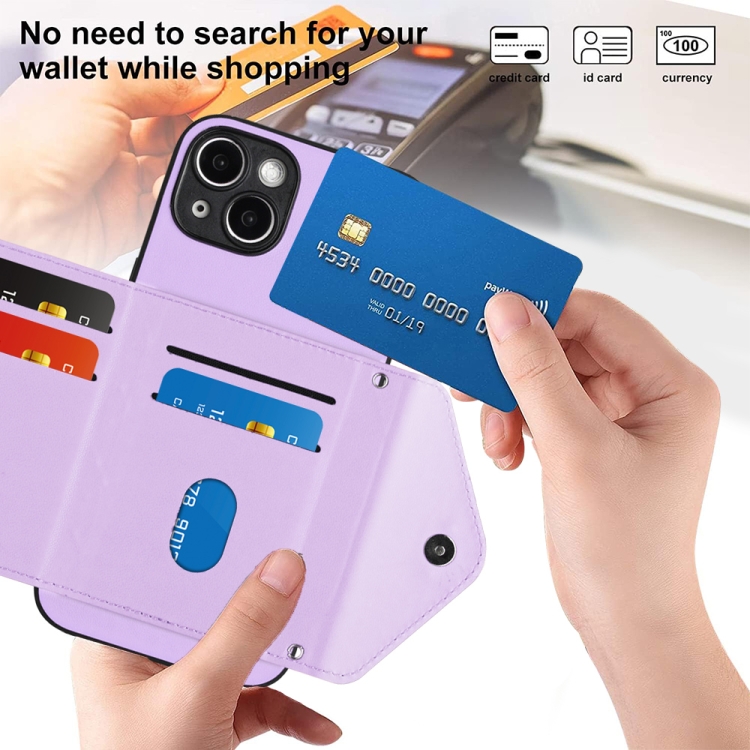 For iPhone 14 Rhombic Texture Card Bag RFID Phone Case with Long Lanyard(Light Purple) - 6