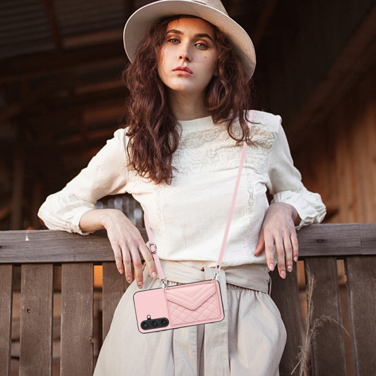 For Samsung Galaxy S24 5G Rhombic Texture Card Bag RFID Phone Case with Long Lanyard(Rose Gold) For Samsung Galaxy S24 5G Rhombic Texture Card Bag RFID Phone Case with Long Lanyard(Rose Gold)