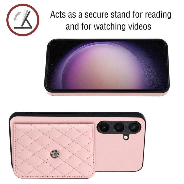 For Samsung Galaxy S24 5G Rhombic Texture Card Bag RFID Phone Case with Long Lanyard(Rose Gold) For Samsung Galaxy S24 5G Rhombic Texture Card Bag RFID Phone Case with Long Lanyard(Rose Gold)