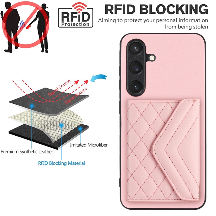 For Samsung Galaxy S24 5G Rhombic Texture Card Bag RFID Phone Case with Long Lanyard(Rose Gold) For Samsung Galaxy S24 5G Rhombic Texture Card Bag RFID Phone Case with Long Lanyard(Rose Gold)