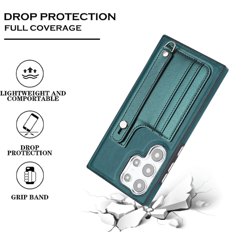 For Samsung Galaxy S24 Ultra 5G Shockproof Leather Phone Case with Wrist Strap(Green) For Samsung Galaxy S24 Ultra 5G Shockproof Leather Phone Case with Wrist Strap(Green)