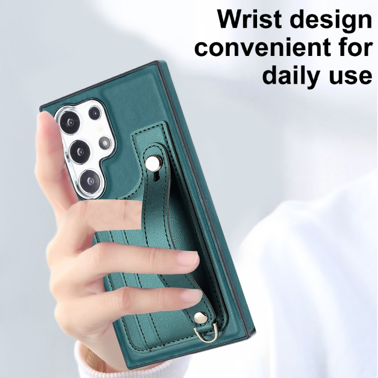 For Samsung Galaxy S24 Ultra 5G Shockproof Leather Phone Case with Wrist Strap(Green) For Samsung Galaxy S24 Ultra 5G Shockproof Leather Phone Case with Wrist Strap(Green)