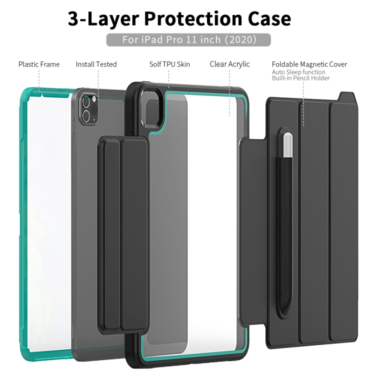 For iPad Pro 11 (2020) / (2018) Acrylic + TPU Horizontal Flip Smart Leather Tablet Case with Three-folding Holder & Pen Slot & Wake-up / Sleep Function(Light Blue+Black)