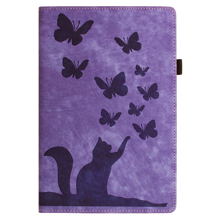 Para Samsung Galaxy Tab S9 FE + / S9 + / S8 + Funda para tableta de cuero con estampado de gato mariposa (púrpura) - 1