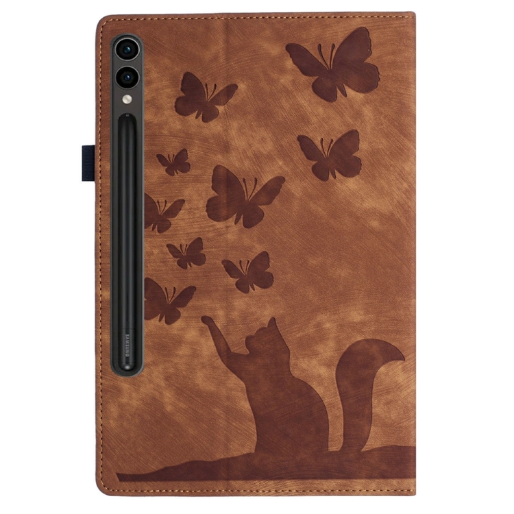Para Samsung Galaxy Tab S9 Ultra / S8 Ultra Funda para tableta de cuero con estampado de gato mariposa (marrón) - 2
