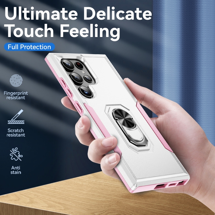 For Samsung Galaxy S24 Ultra 5G Pioneer Armor Heavy Duty PC + TPU Phone Case with Holder(White+Pink) For Samsung Galaxy S24 Ultra 5G Pioneer Armor Heavy Duty PC + TPU Phone Case with Holder(White+Pink)