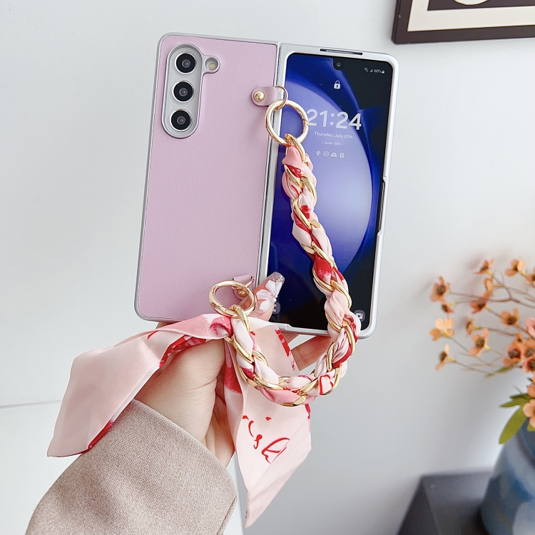 For Samsung Galaxy Z Fold4 5G Metallic Paint Leather Phone Case with Scarf Bracelet(Pink) For Samsung Galaxy Z Fold4 5G Metallic Paint Leather Phone Case with Scarf Bracelet(Pink)