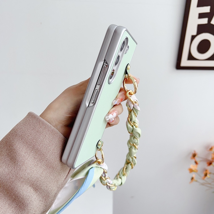 For Samsung Galaxy Z Fold4 5G Metallic Paint Leather Phone Case with Scarf Bracelet(Pink) For Samsung Galaxy Z Fold4 5G Metallic Paint Leather Phone Case with Scarf Bracelet(Pink)