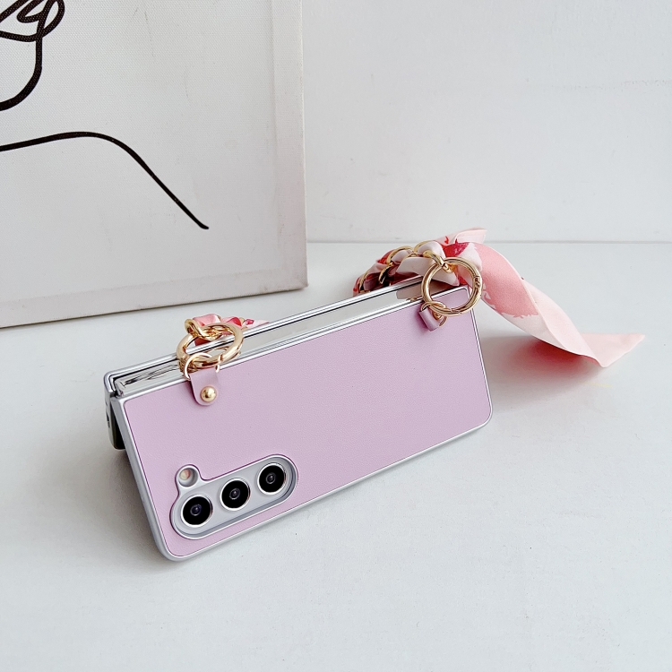 For Samsung Galaxy Z Fold4 5G Metallic Paint Leather Phone Case with Scarf Bracelet(Pink) For Samsung Galaxy Z Fold4 5G Metallic Paint Leather Phone Case with Scarf Bracelet(Pink)