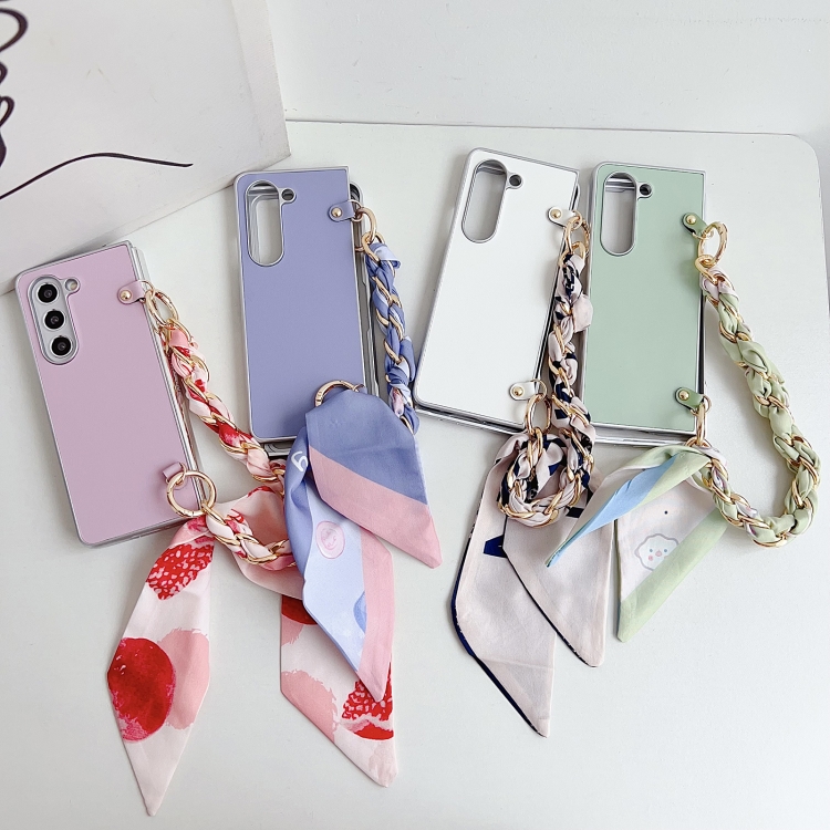 For Samsung Galaxy Z Fold4 5G Metallic Paint Leather Phone Case with Scarf Bracelet(Pink) For Samsung Galaxy Z Fold4 5G Metallic Paint Leather Phone Case with Scarf Bracelet(Pink)