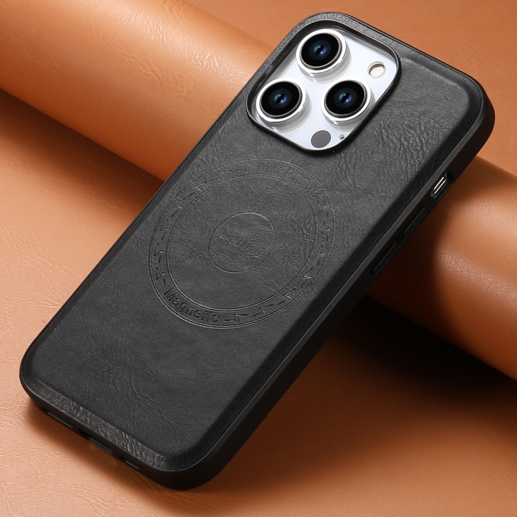 For iPhone 14 Plus Denior Cowhide Texture Leather MagSafe Phone Case(Black) For iPhone 14 Plus Denior Cowhide Texture Leather MagSafe Phone Case(Black)