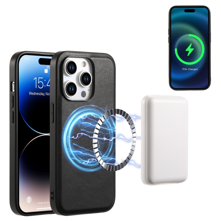 For iPhone 14 Plus Denior Cowhide Texture Leather MagSafe Phone Case(Black) For iPhone 14 Plus Denior Cowhide Texture Leather MagSafe Phone Case(Black)