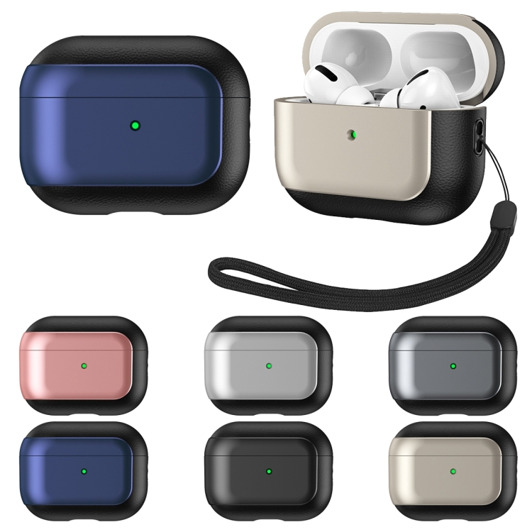 For AirPods Pro 2 Electroplated Leather Texture Wireless Earphones Protective Case(Navy Blue) For AirPods Pro 2 Electroplated Leather Texture Wireless Earphones Protective Case(Navy Blue)