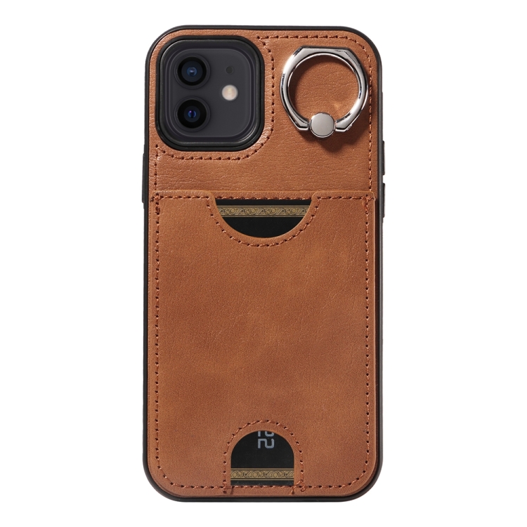 For iPhone 12 / 12 Pro Calf Texture Card Slot Ring Holder Phone Case(Brown) For iPhone 12 / 12 Pro Calf Texture Card Slot Ring Holder Phone Case(Brown)